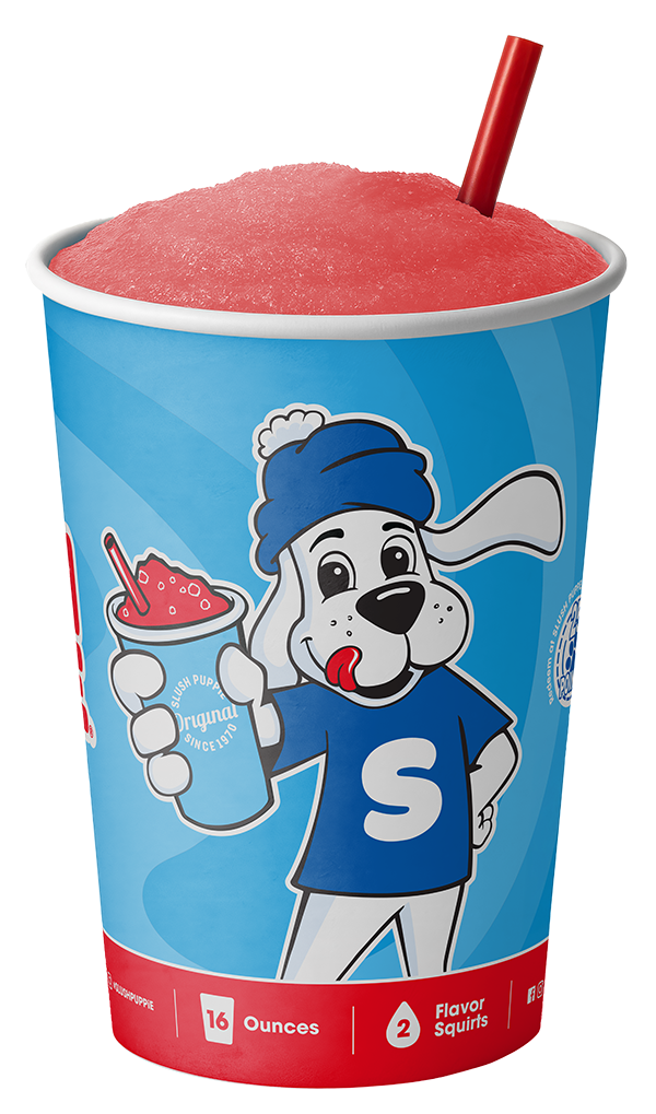 The SLUSH PUPPiE mascot holding a cup